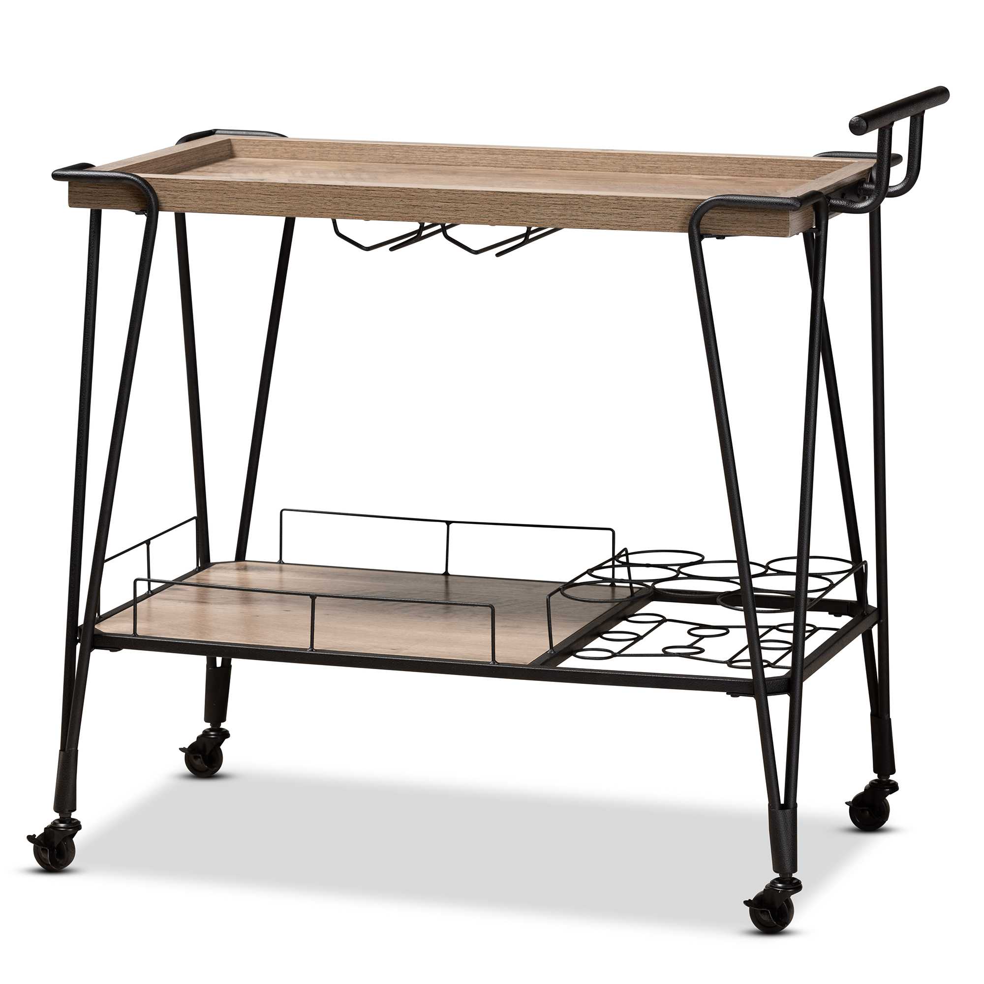 Baxton Studio Perilla Modern Rustic and Industrial Oak Brown Finished Wood and Black Finished Metal 2-Tier Wine Serving Cart